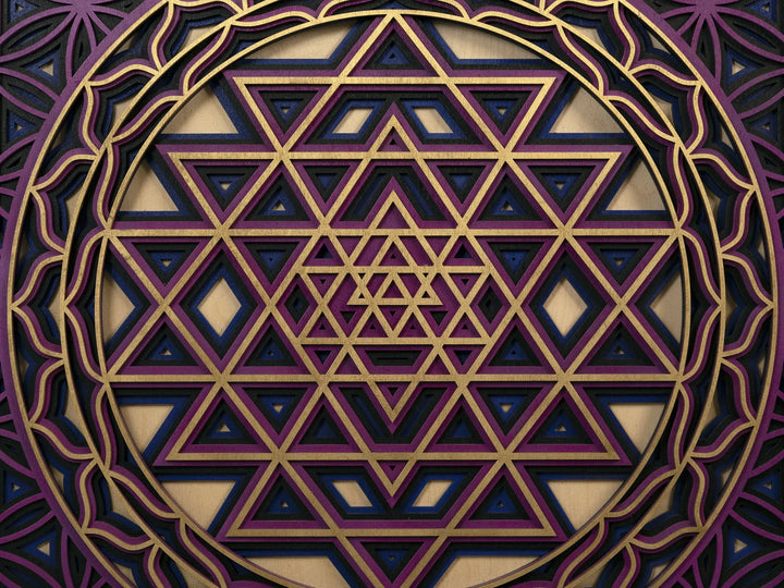 Sri Yantra Blue Wooden Mandala Wall Art
