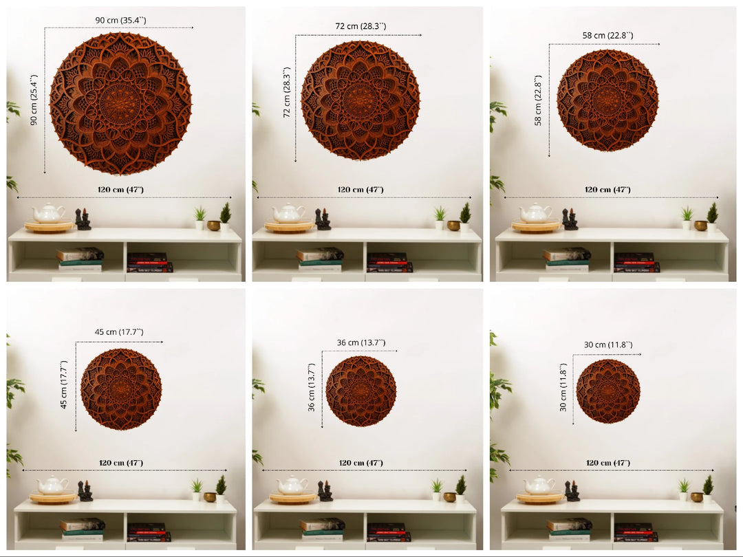 Set of six decorative round wall art pieces with measurements displayed.