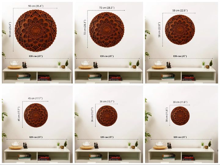 Set of six decorative round wall art pieces with measurements displayed.