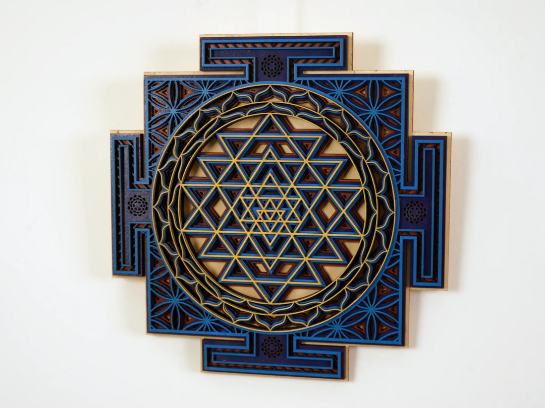 Sri Yantra Blue Wooden Mandala Wall Art