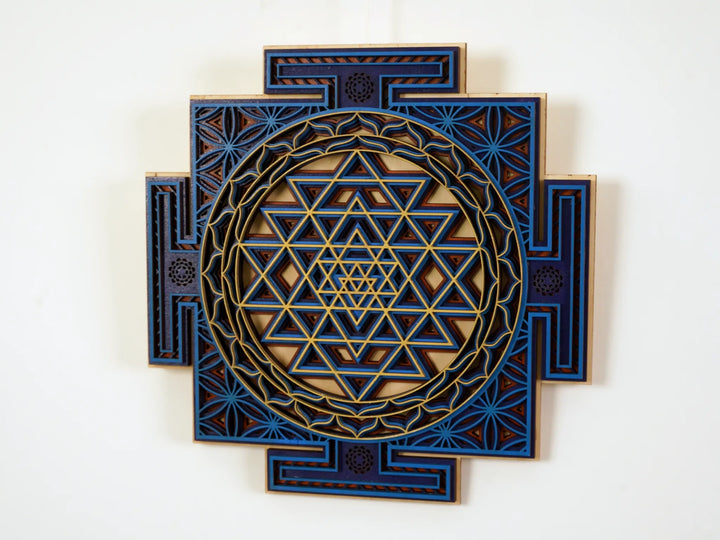Sri Yantra Blue Wooden Mandala Wall Art
