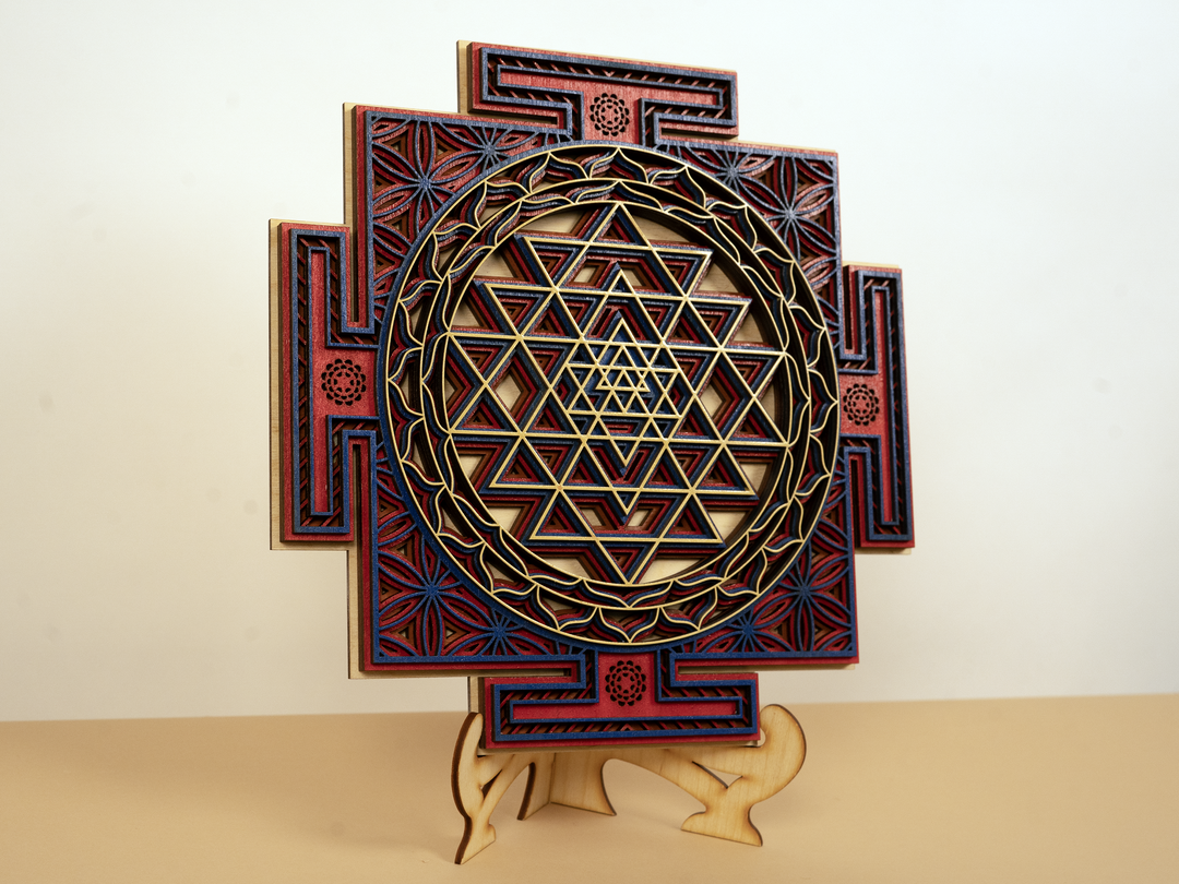 3D Sri Yantra sacred geometry mandala handcrafted from wood