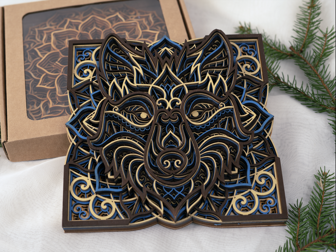 Wooden wall decor wolf mandala