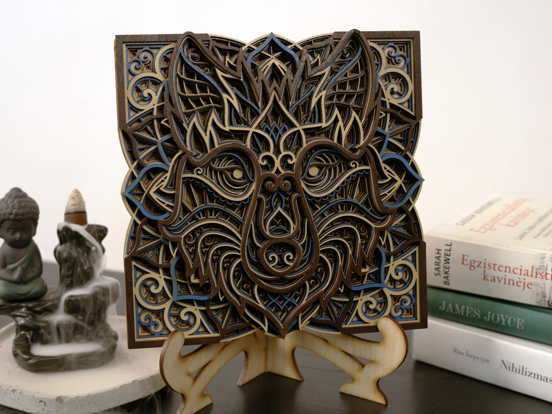 Wooden wall decor wolf mandala