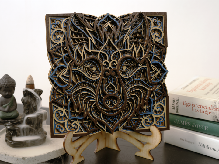 Wooden wall decor wolf mandala