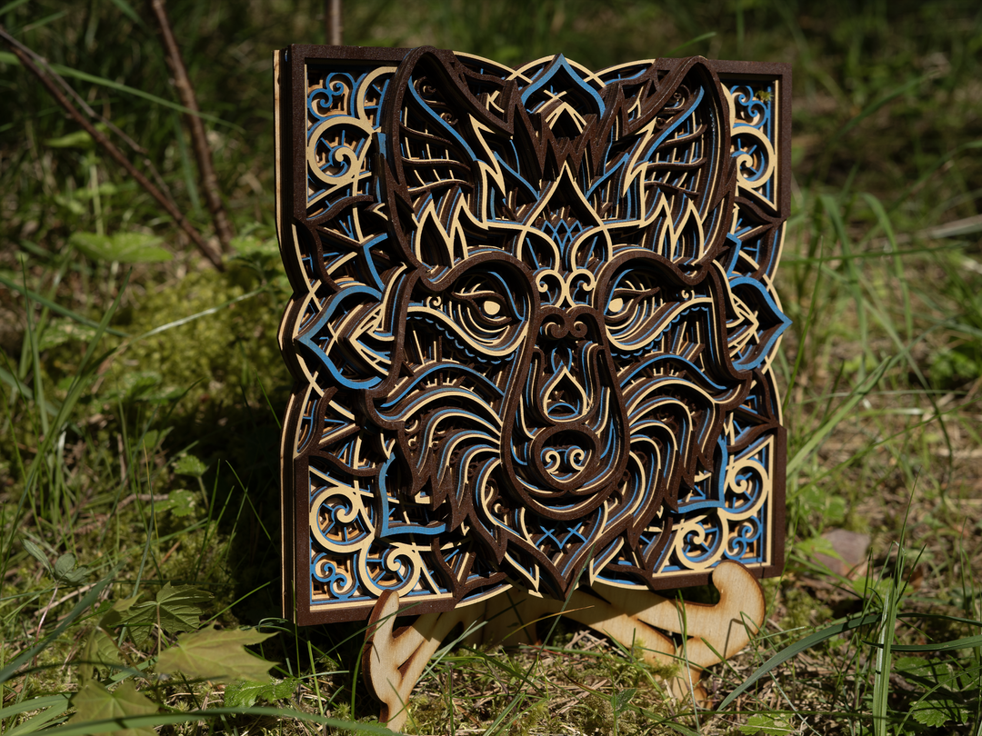 Wooden wall decor wolf mandala