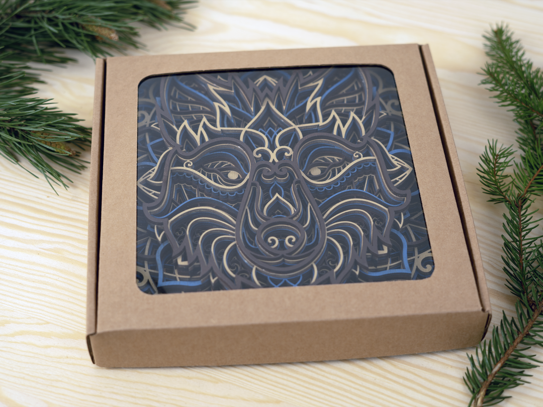 Wooden wall decor wolf mandala