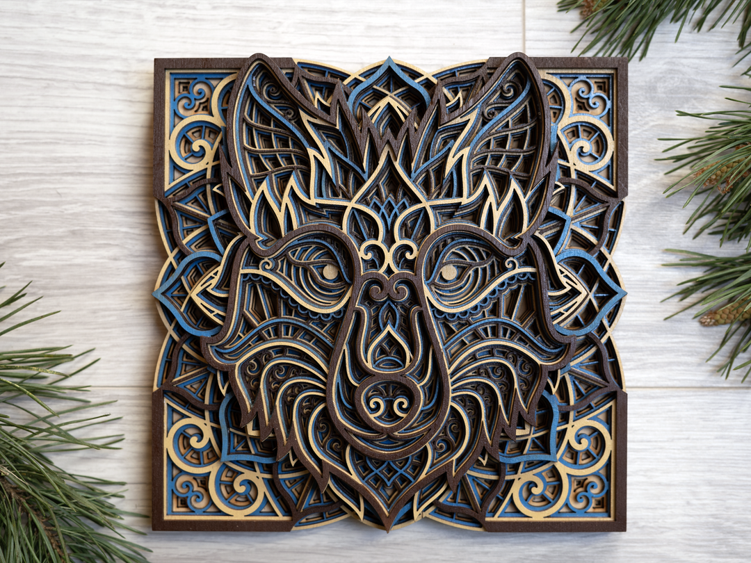 Wooden wall decor wolf mandala