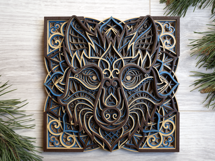 Wooden wall decor wolf mandala