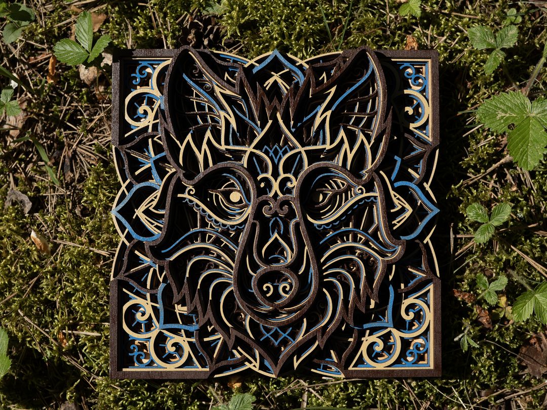 Wooden wall decor wolf mandala