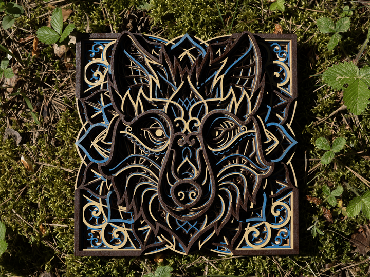 Wooden wall decor wolf mandala