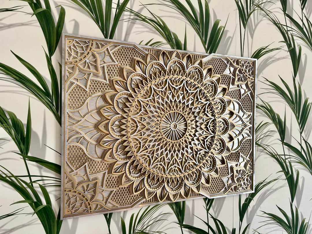 Layered wooden mandala wall art in natural wood, lotus floral geometry
