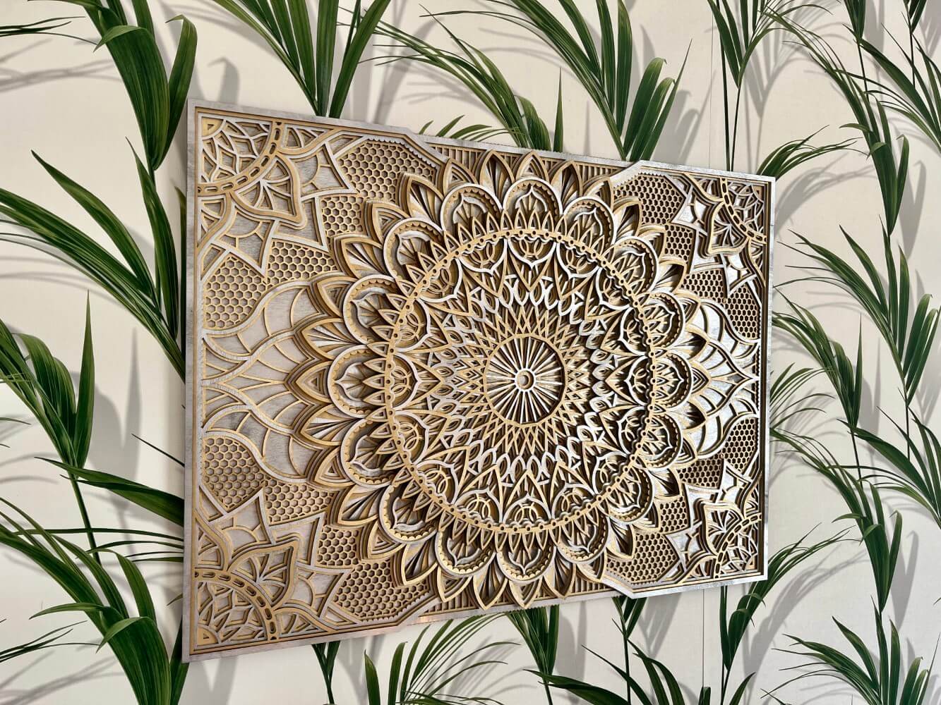 Layered wooden mandala wall art in natural wood, lotus floral geometry
