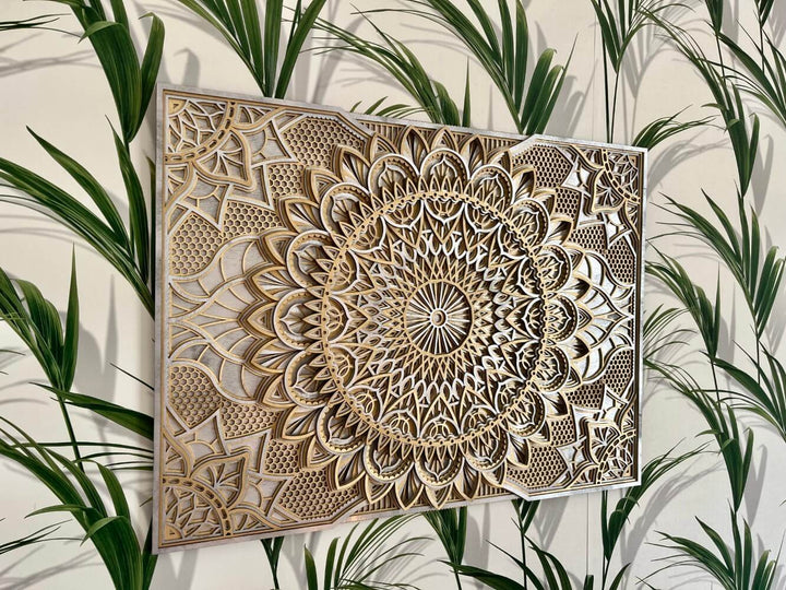 Layered wooden mandala wall art in natural wood, lotus floral geometry
