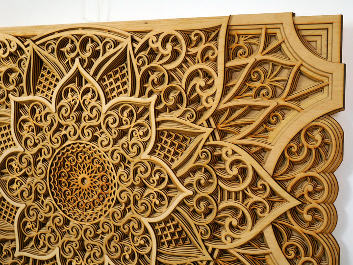 Laser-cut wooden mandala wall decor with intricate symmetry