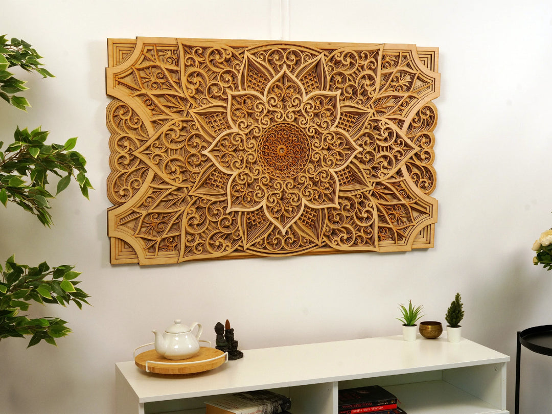 Sacred geometry wooden mandala wall art for meditation spaces