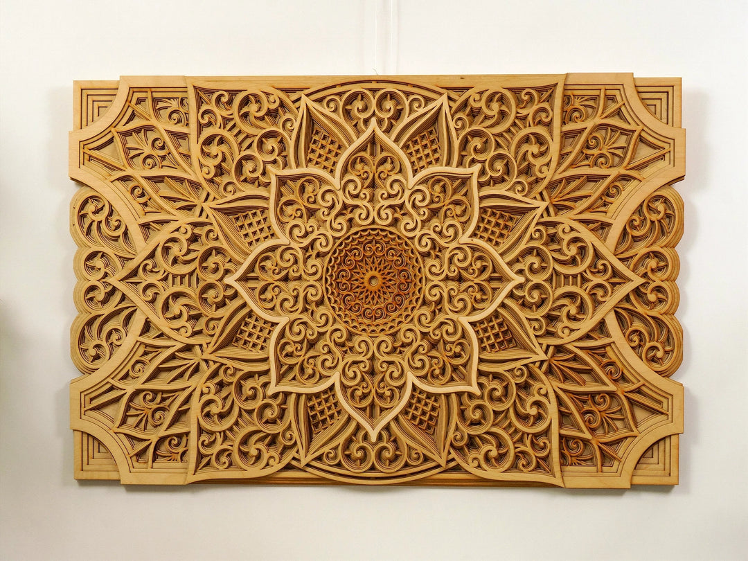 Natural wood mandala wall art for living room or yoga studio