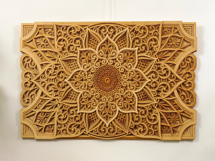 Natural wood mandala wall art for living room or yoga studio