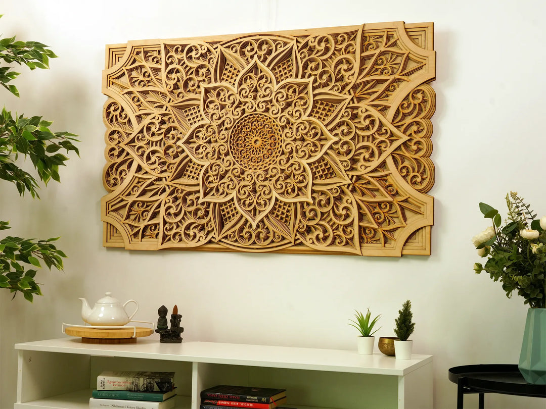 Handcrafted wooden mandala wall art with intricate laser-cut details