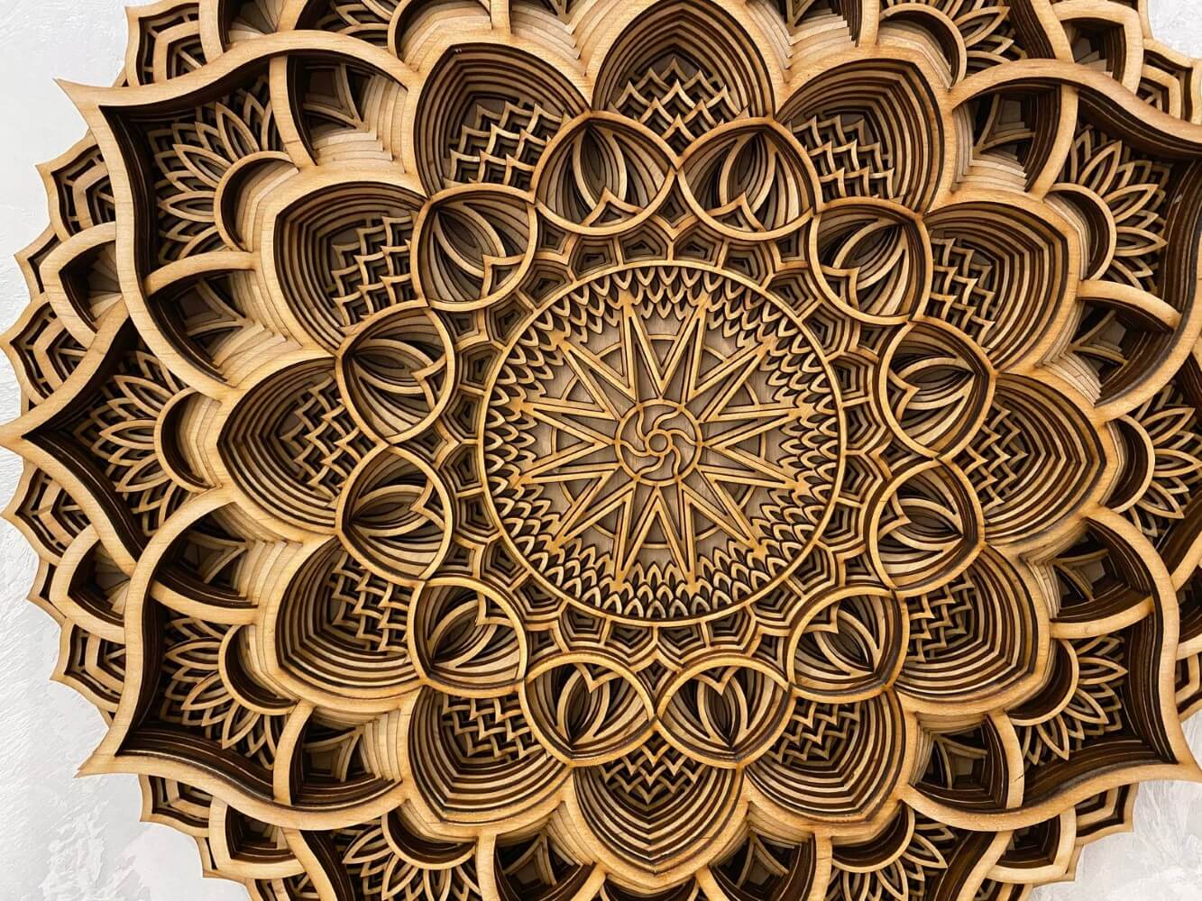 3D layered wooden mandala wall art in natural wood, lotus floral geometry