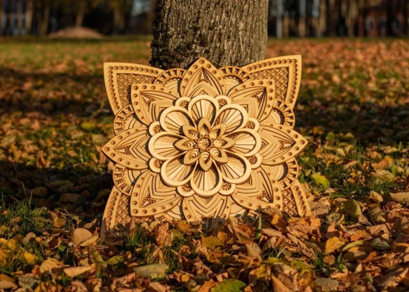 Wooden floral mandala wall art featuring detailed multi-layer petals