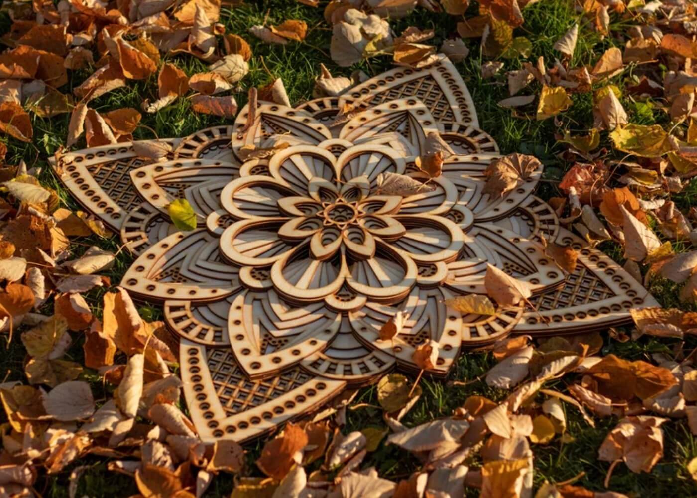 Elegant flower wooden mandala with layered 3D laser-cut design