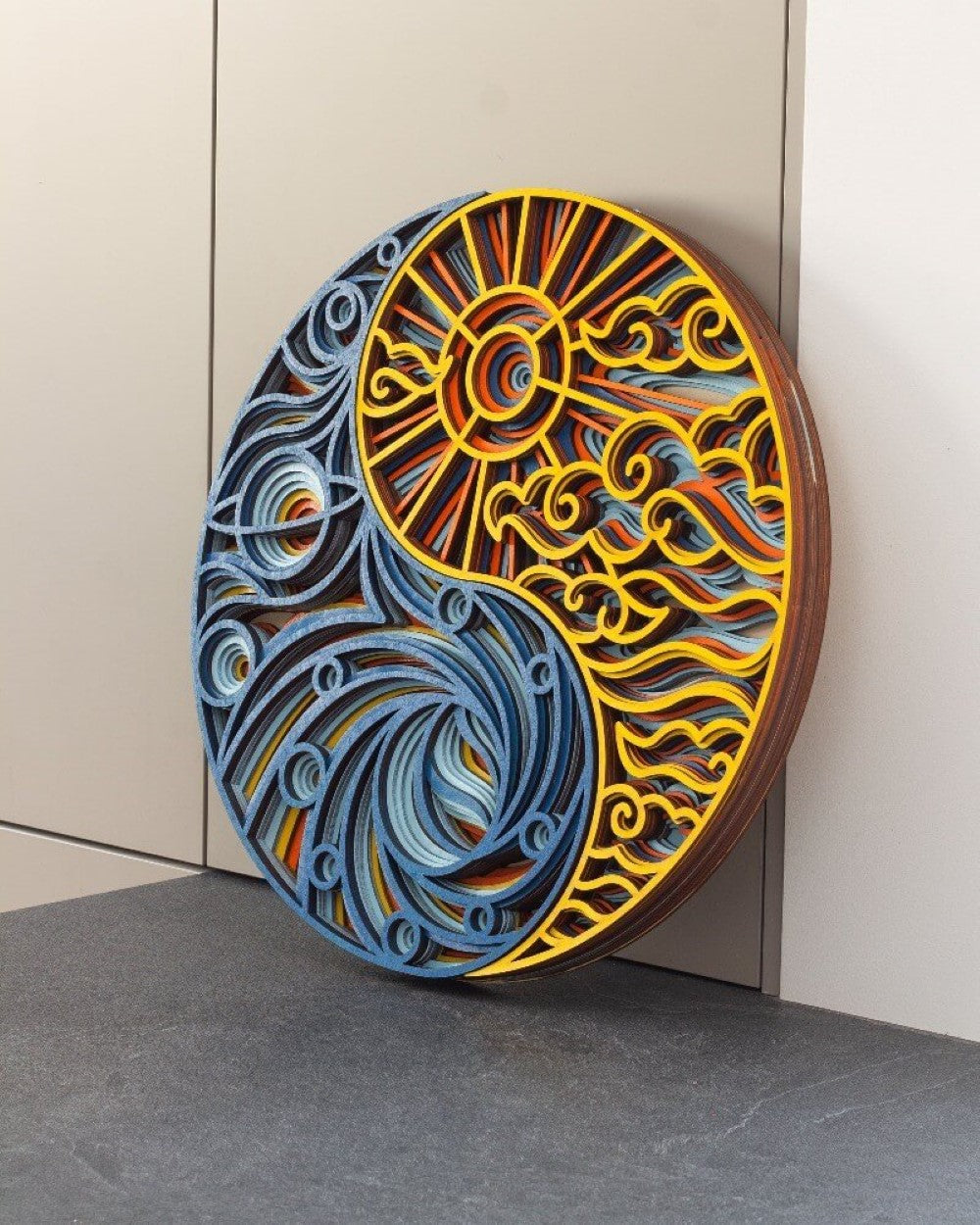 3D wooden Yin Yang mandala wall art with sun and ocean waves, layered laser-cut design