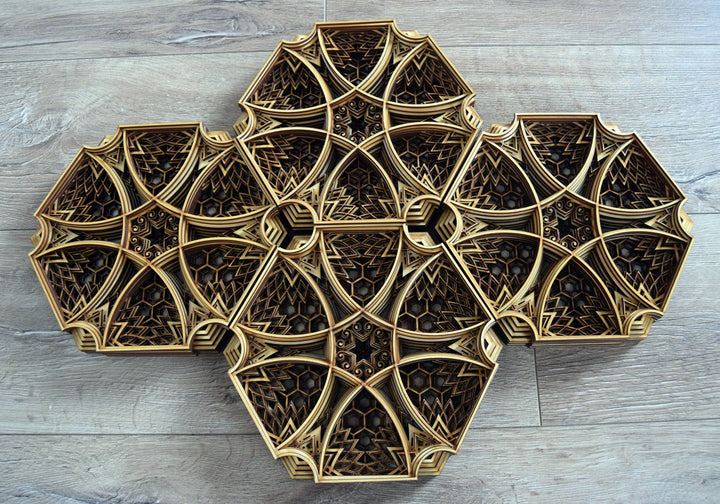 Hexagon wooden wall mandala with deep layered geometric elements