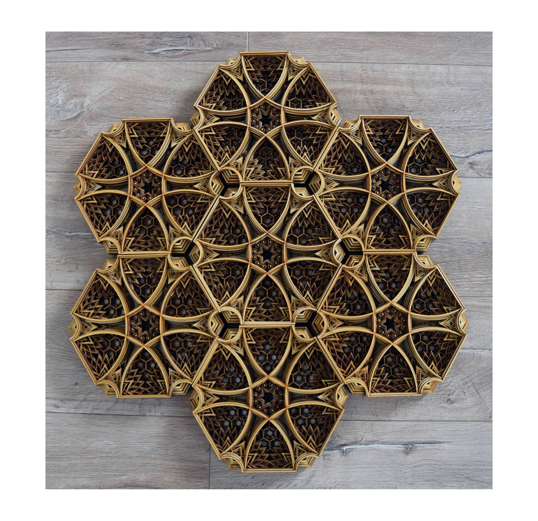 Geometric hexagon wooden mandala, 3D layered sacred geometry wall art