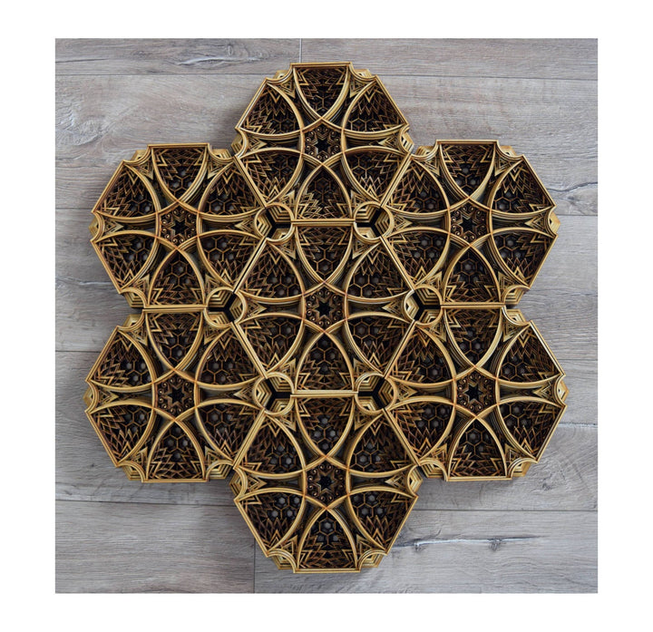 Geometric hexagon wooden mandala, 3D layered sacred geometry wall art