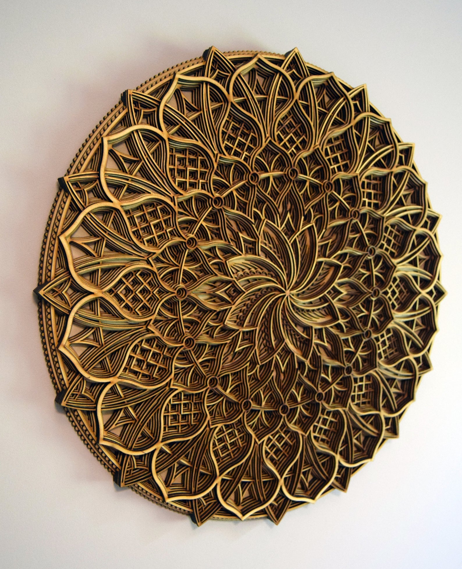Wooden mandala for living room, 3D layered floral geometry centerpiece

