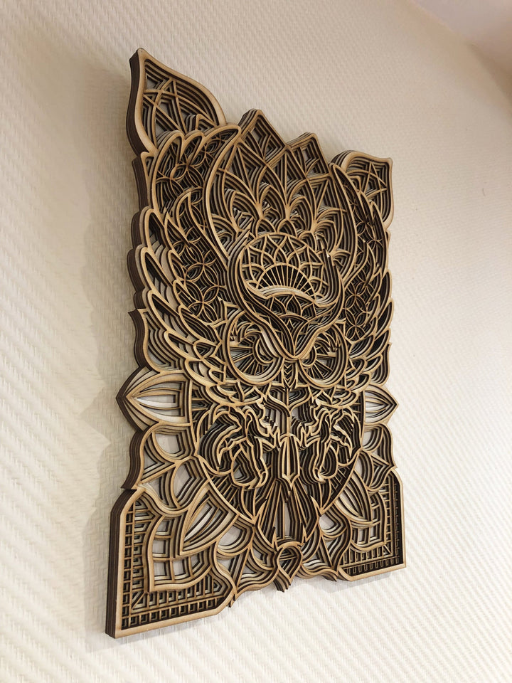 Spiritual wooden owl mandala
