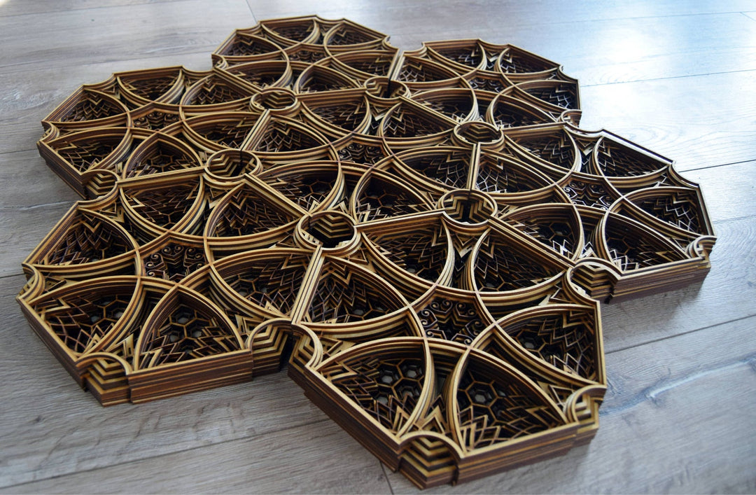 3D layered wood mandala made of connected hexagon shapes, detailed geometry