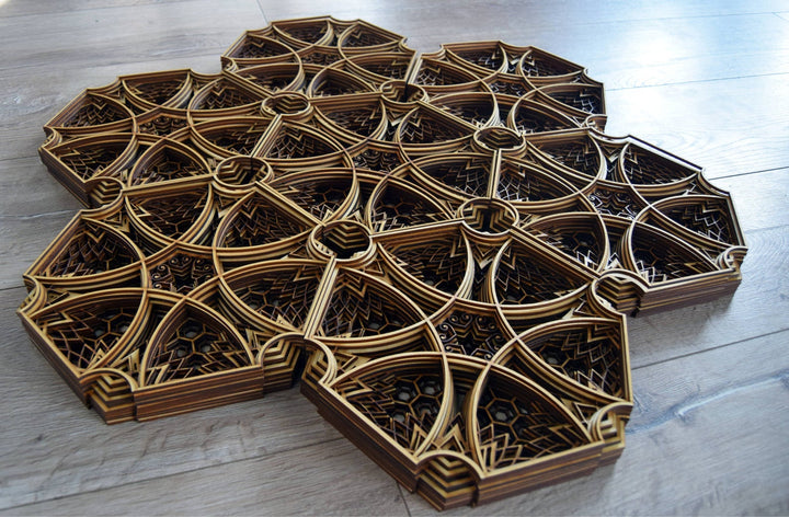 3D layered wood mandala made of connected hexagon shapes, detailed geometry