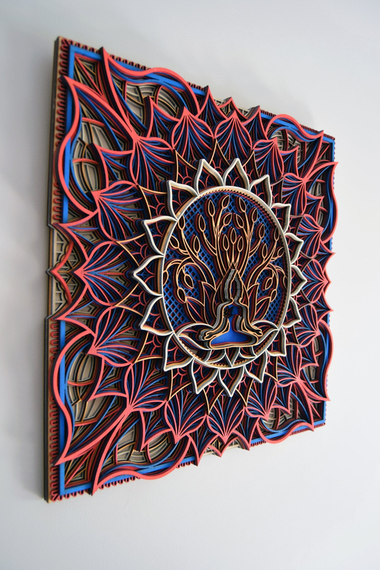 Wooden mandala wall art with subtle edge shading, layered rosette pattern
