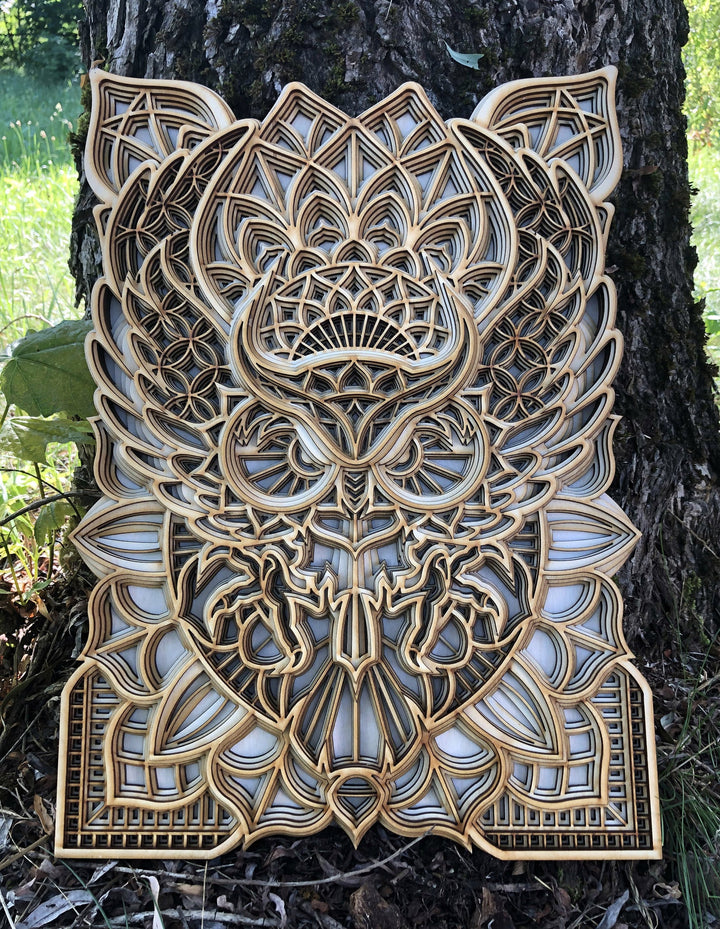 Spiritual wooden owl mandala