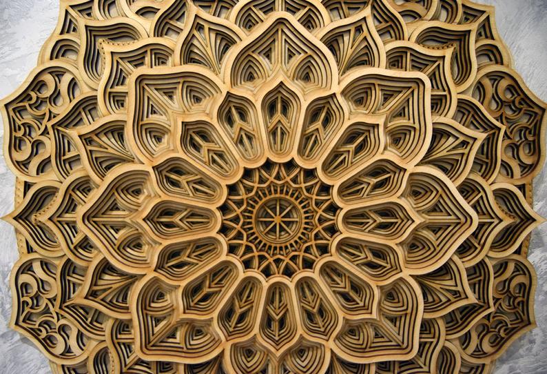 Wooden mandala for living room, 3D layered floral geometry centerpiece
