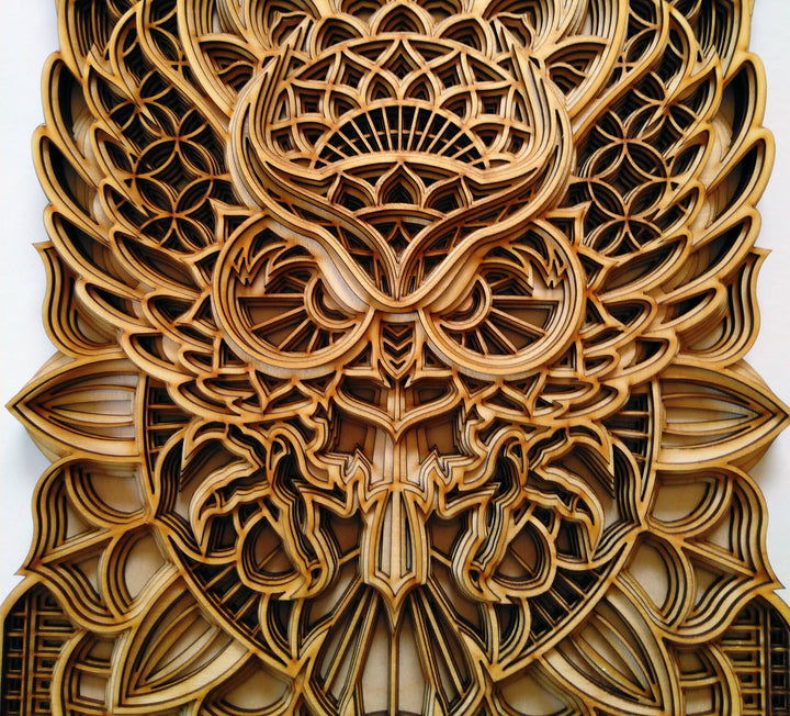 Spiritual wooden owl mandala