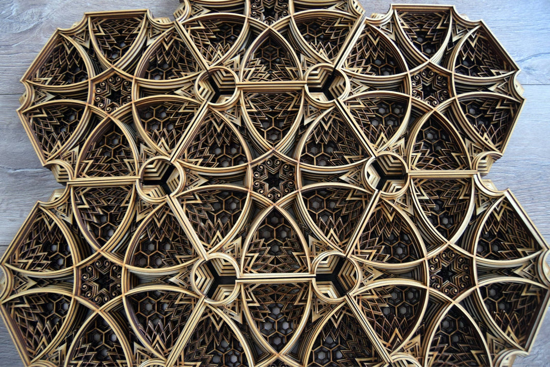 Wooden hexagon mandala wall decor with deep layered cathedral-style design