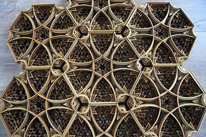 Wooden hexagon mandala wall decor with deep layered cathedral-style design