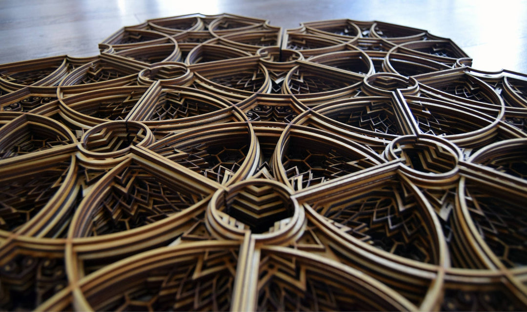 Intricate geometric wooden mandala, hexagon cluster with laser-cut depth