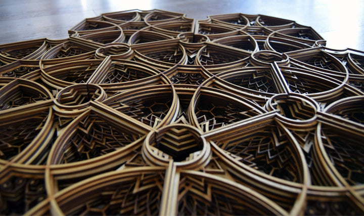Intricate geometric wooden mandala, hexagon cluster with laser-cut depth