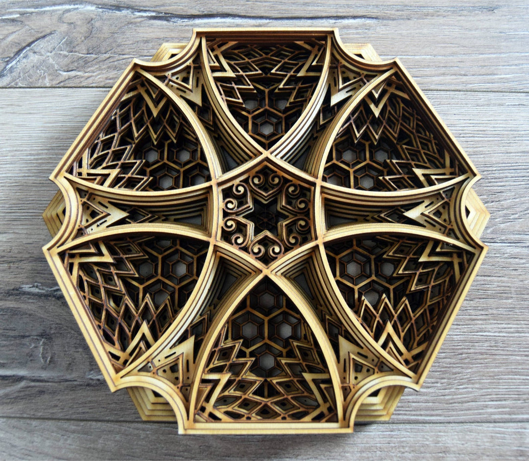 Layered wooden mandala in hexagon form, sacred geometry wall hanging