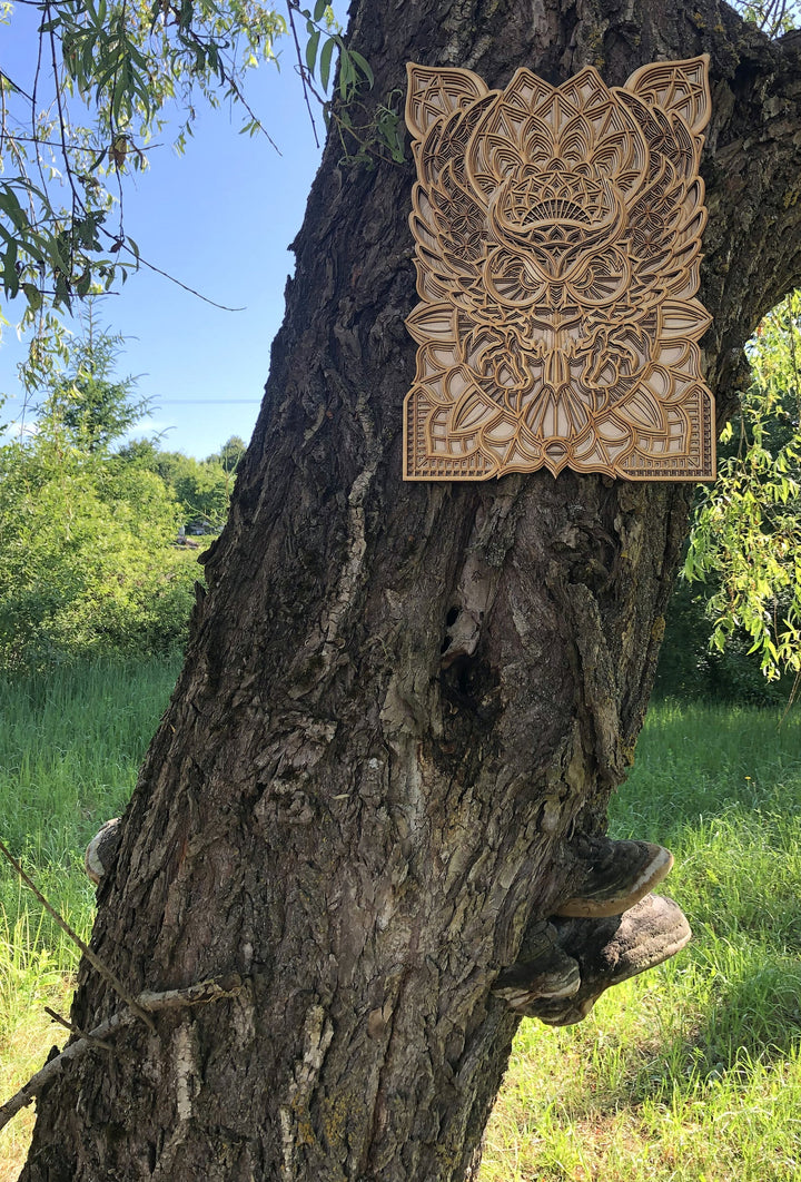 Spiritual wooden owl mandala
