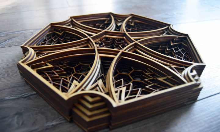Multi-hexagon wooden mandala, 3D carved geometric pattern for wall decor