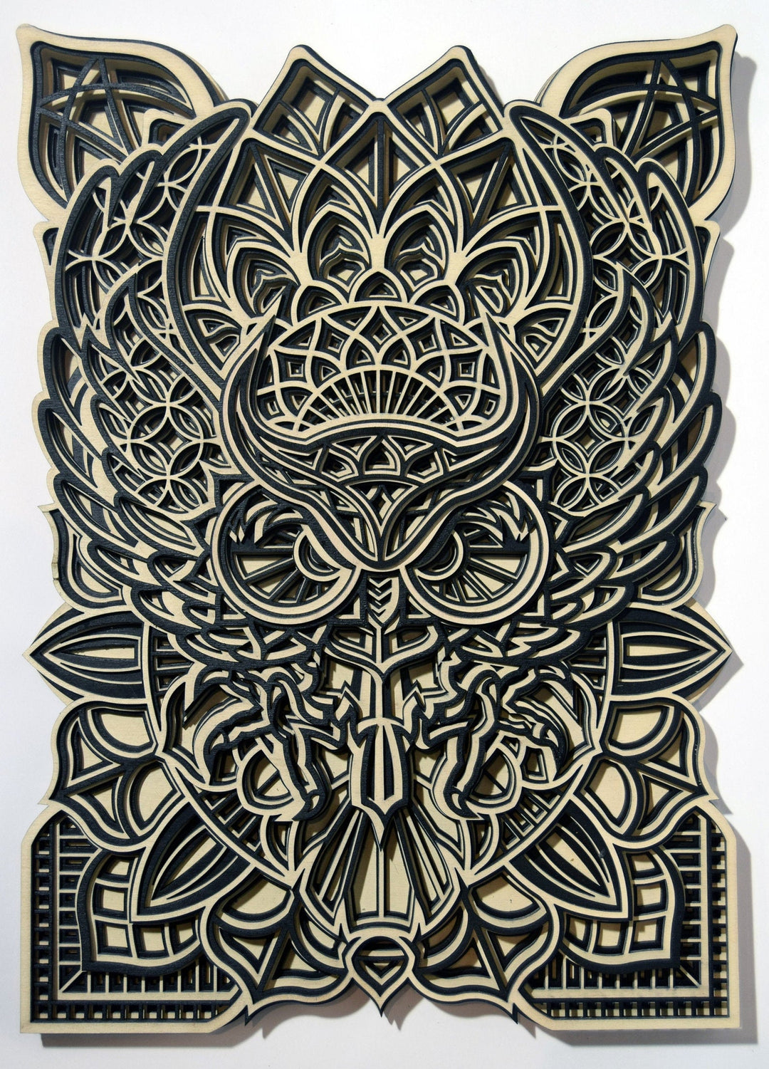 Spiritual wooden owl mandala