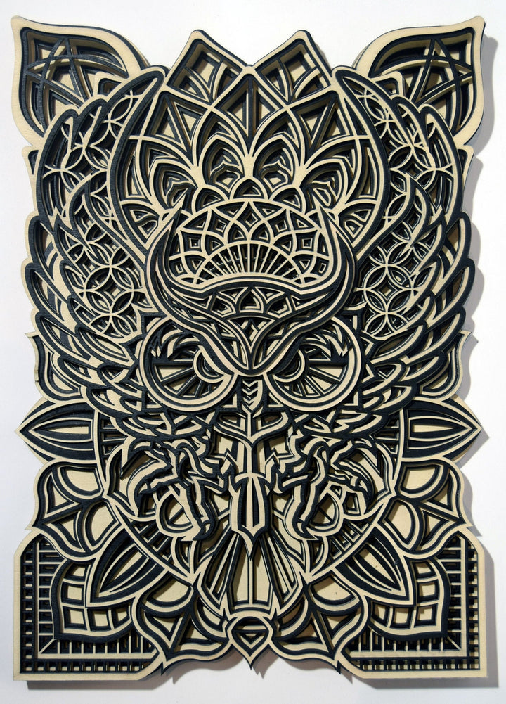 Spiritual wooden owl mandala