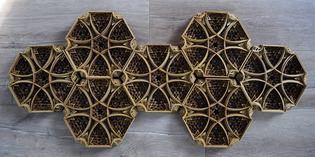 Dark and natural wood hexagon mandala, detailed 3D sacred geometry art