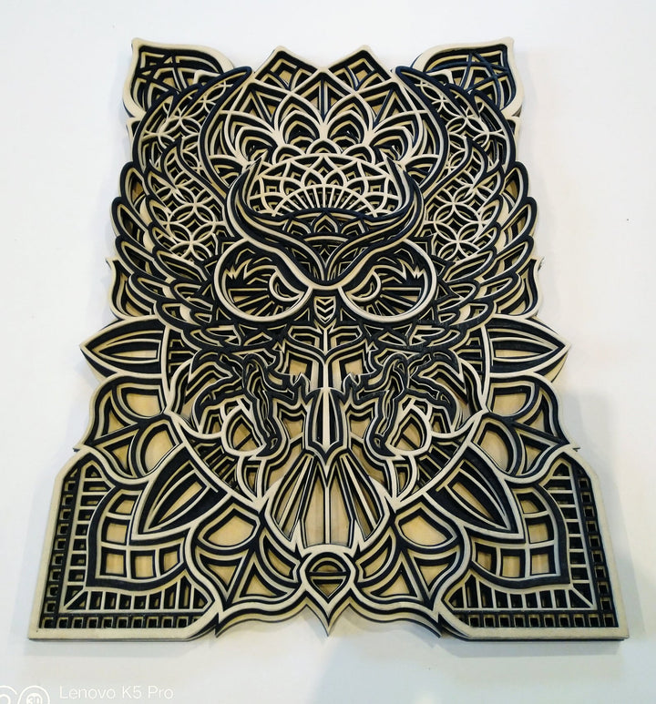 Spiritual wooden owl mandala
