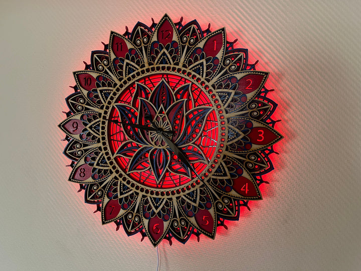 LED Glowing Lotus Wood Wall Clock